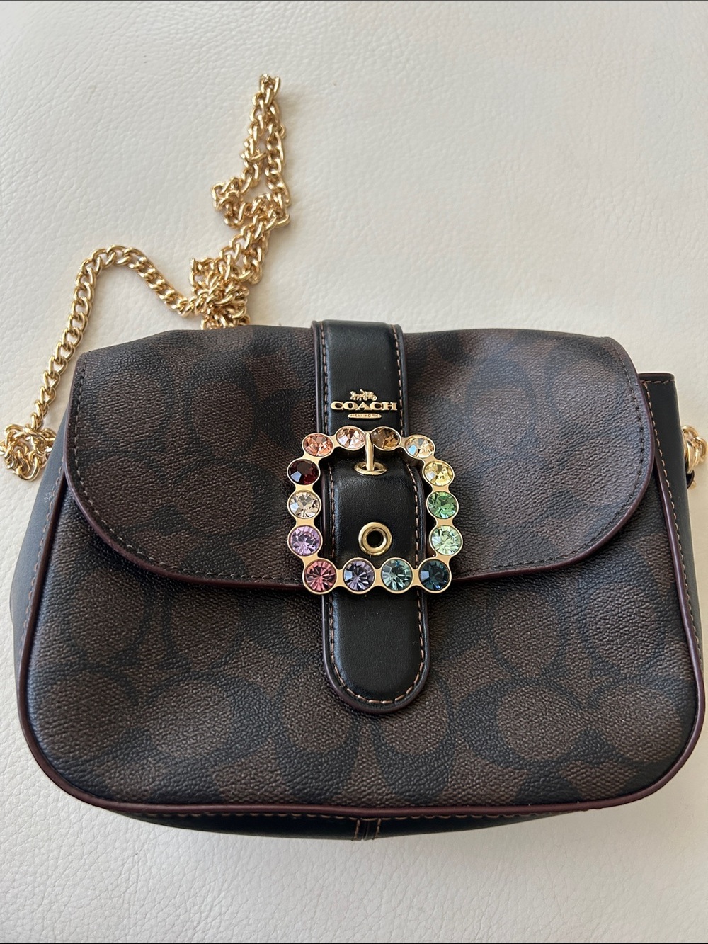 Coach Brown Signature Crossbody with Gold Chain and Rainbow Crystal Accent